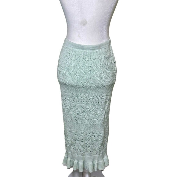 Women's Mint Green Knit Pencil Skirt Ruffle Hem Feminine Romantic Cottagecore M - Picture 3 of 8